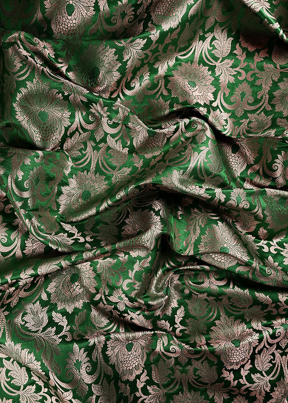 Rama Green Banarasi Brocade Fabric With All Over Thread And Zari Handloom 23867