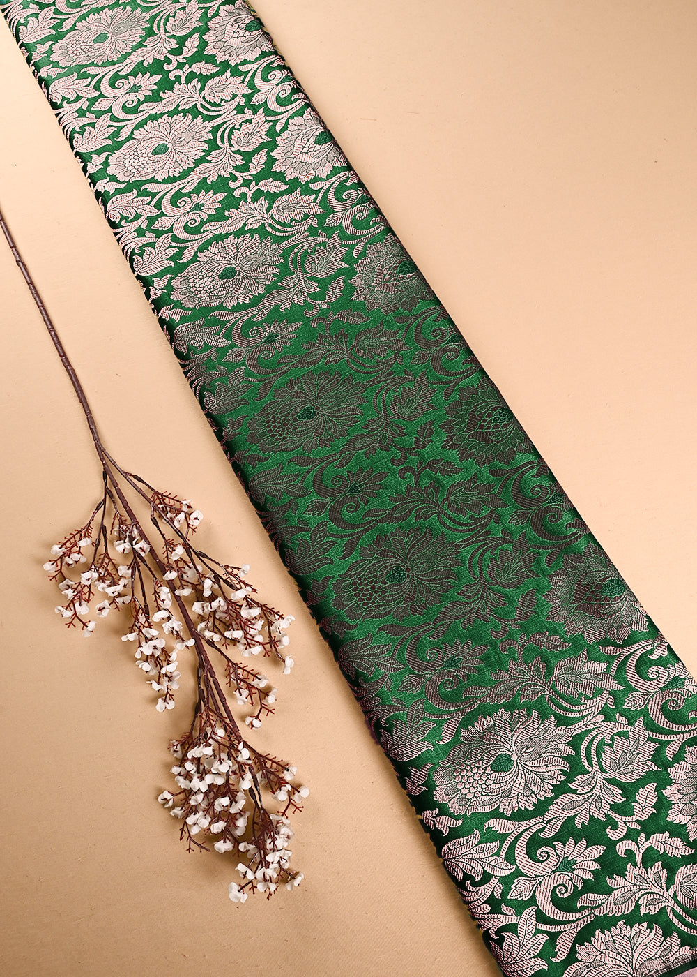 Rama Green Banarasi Brocade Fabric With All Over Thread And Zari Handloom 23867