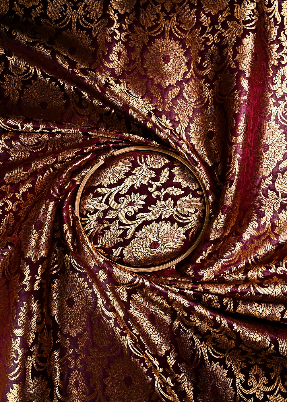 Wine Banarasi Brocade Fabric With All Over Thread And Zari Handloom 23870