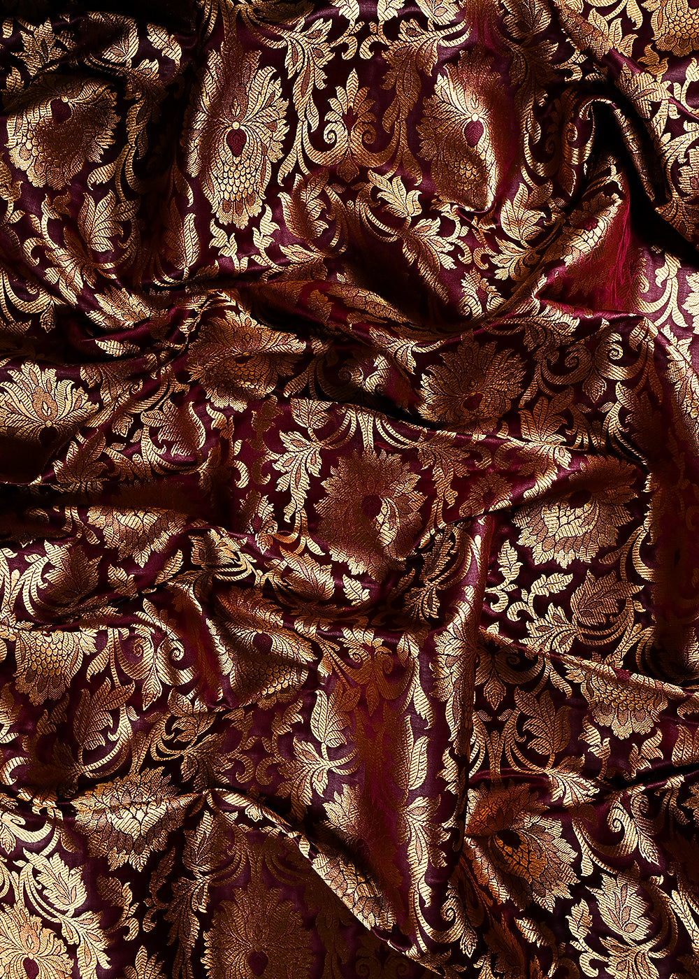 Wine Banarasi Brocade Fabric With All Over Thread And Zari Handloom 23870