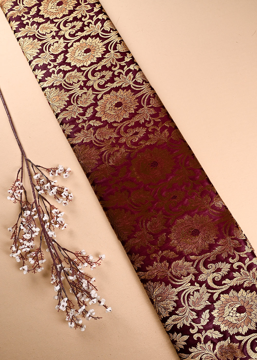 Wine Banarasi Brocade Fabric With All Over Thread And Zari Handloom 23870