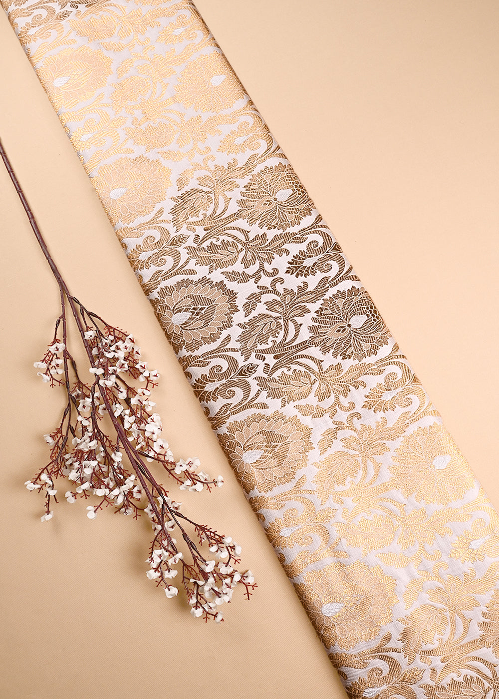 Off White Banarasi Brocade Fabric With All Over Thread And Zari Handloom 23873