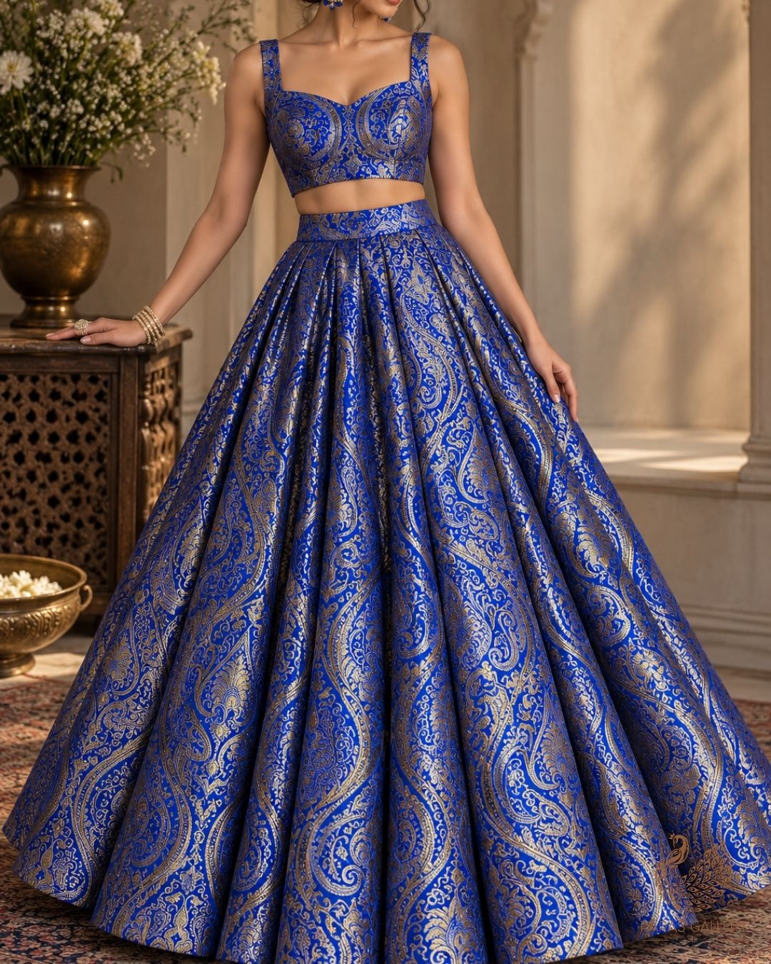 Royal Blue Banarasi Brocade Fabric With All Over Thread And Zari Handloom 24250