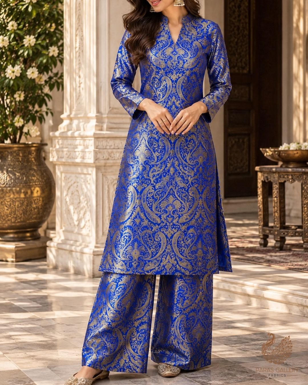 Royal Blue Banarasi Brocade Fabric With All Over Thread And Zari Handloom 24250