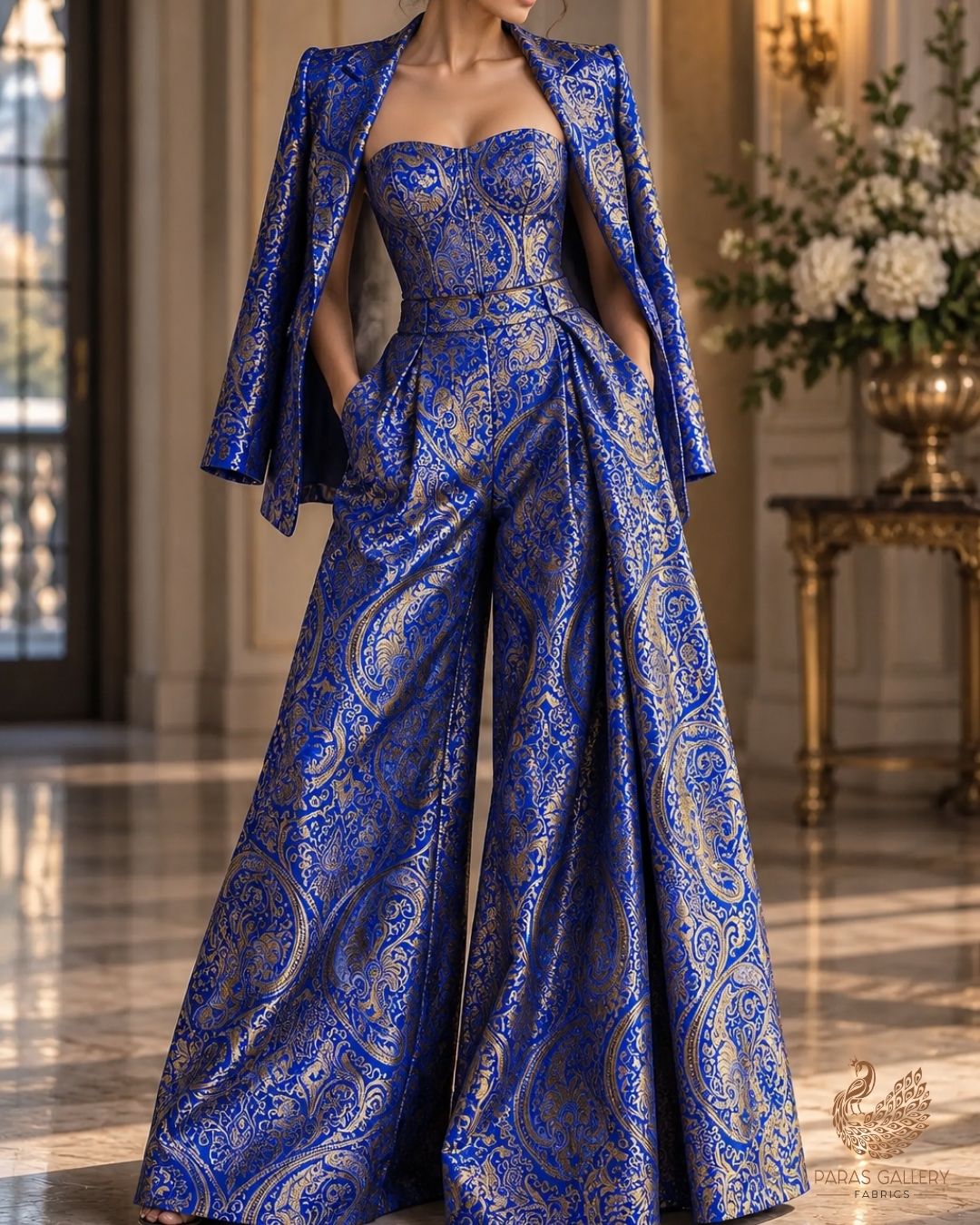 Royal Blue Banarasi Brocade Fabric With All Over Thread And Zari Handloom 24250