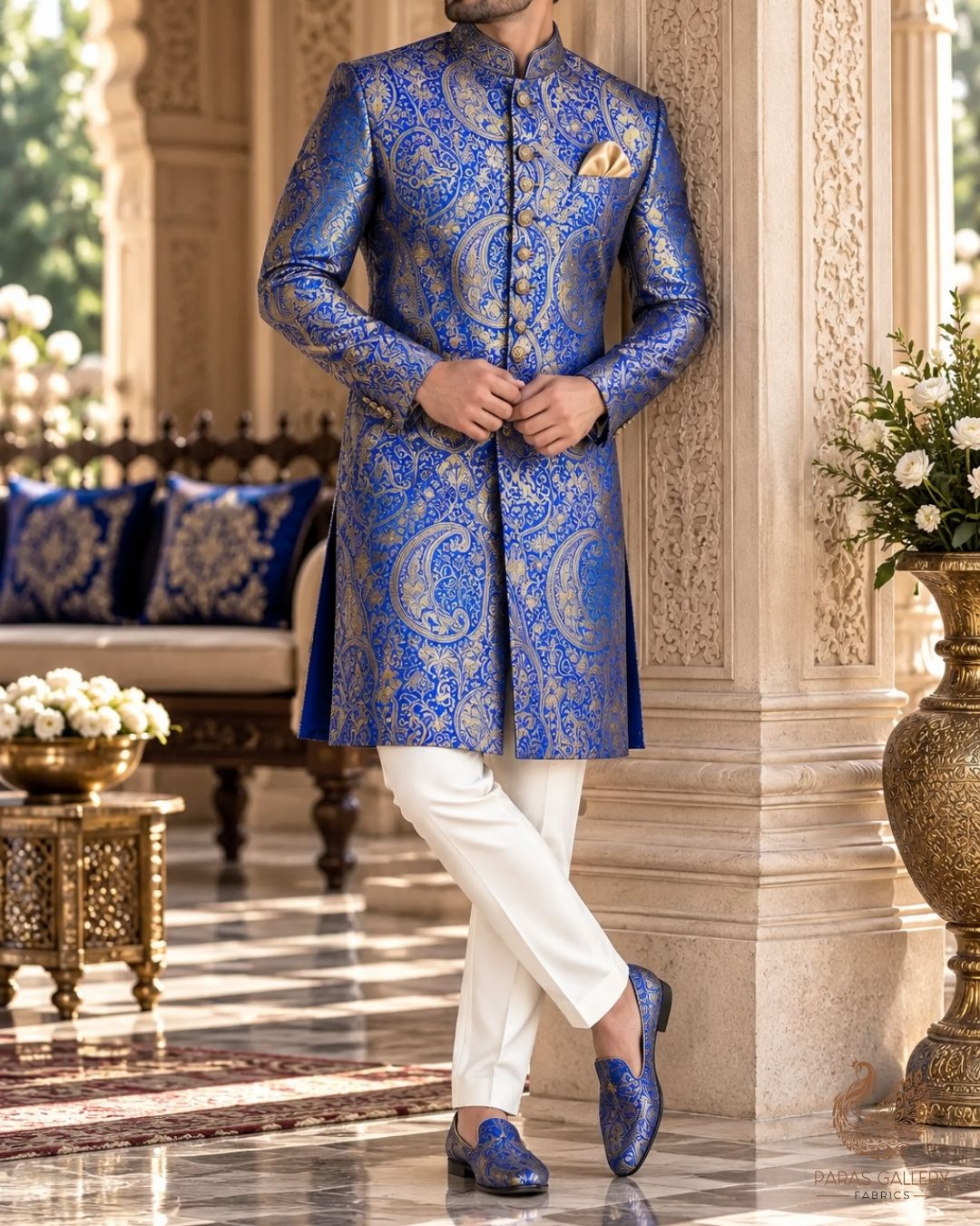 Royal Blue Banarasi Brocade Fabric With All Over Thread And Zari Handloom 24250