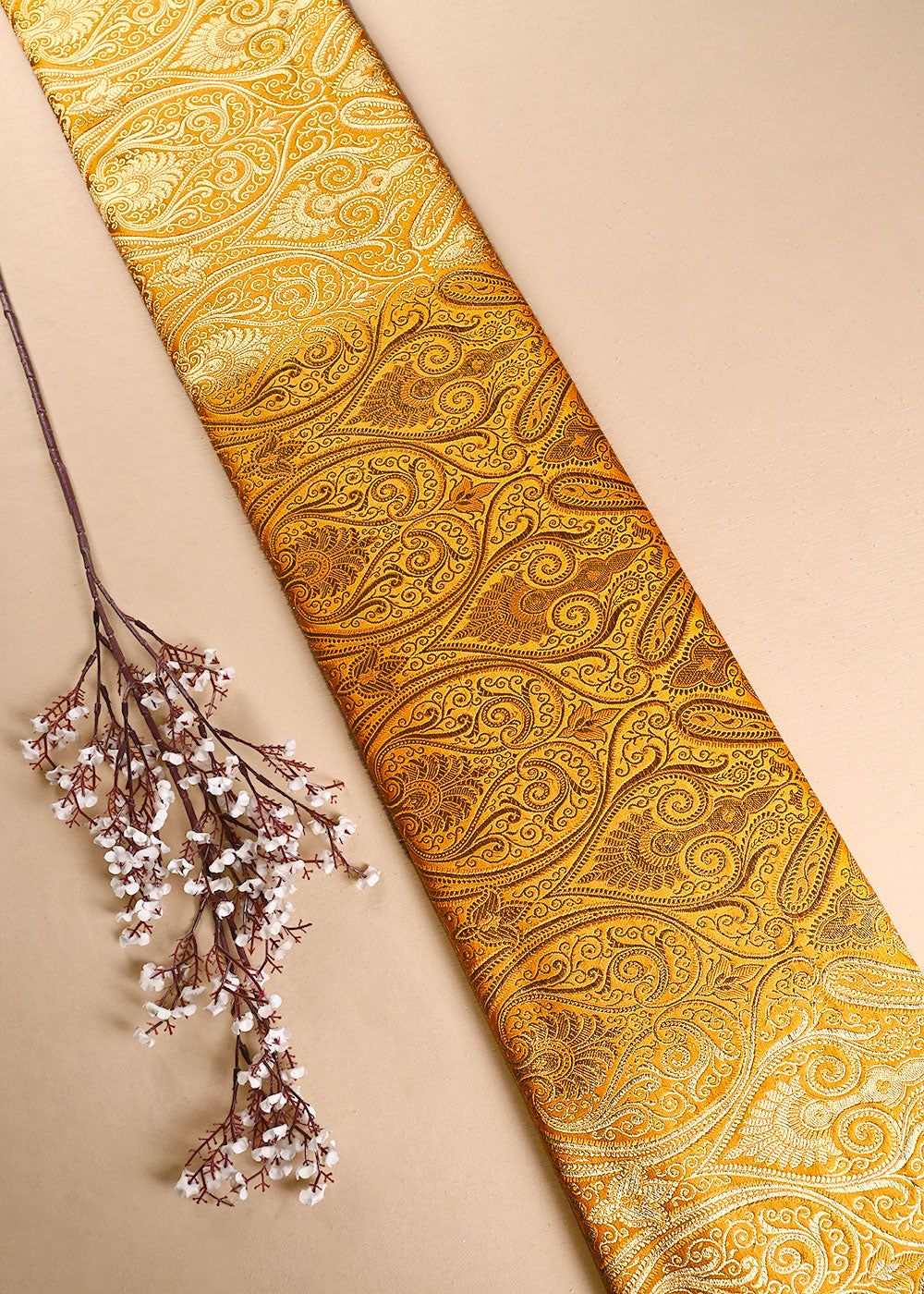 Yellow Banarasi Brocade Fabric With All Over Thread And Golden Zari Handloom 23876