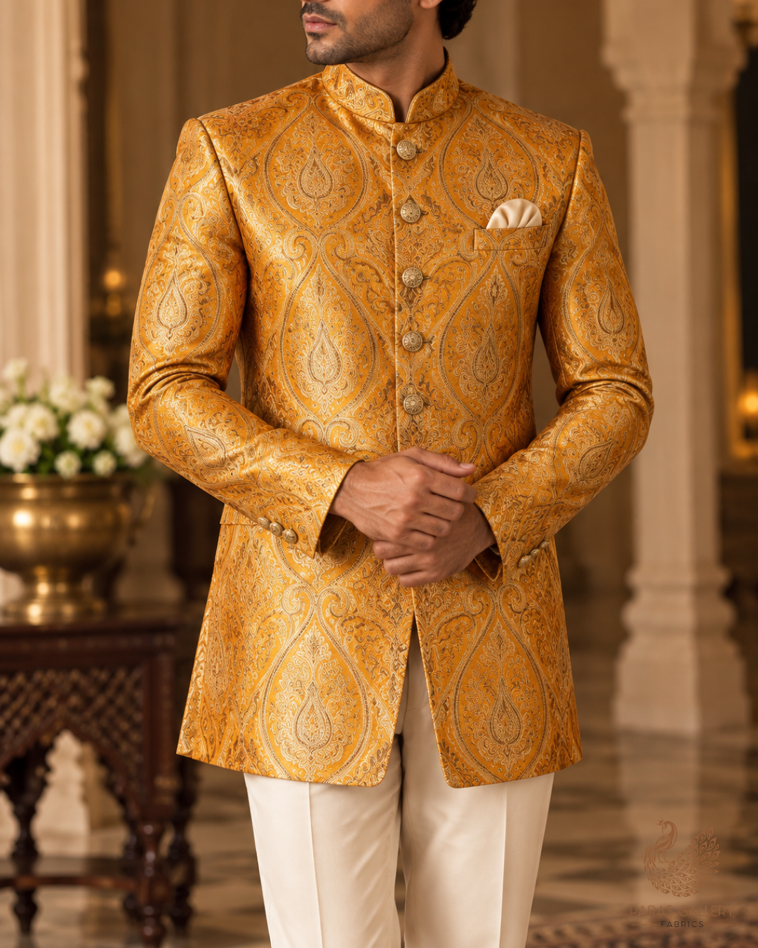 Yellow Banarasi Brocade Fabric With All Over Thread And Golden Zari Handloom 23876