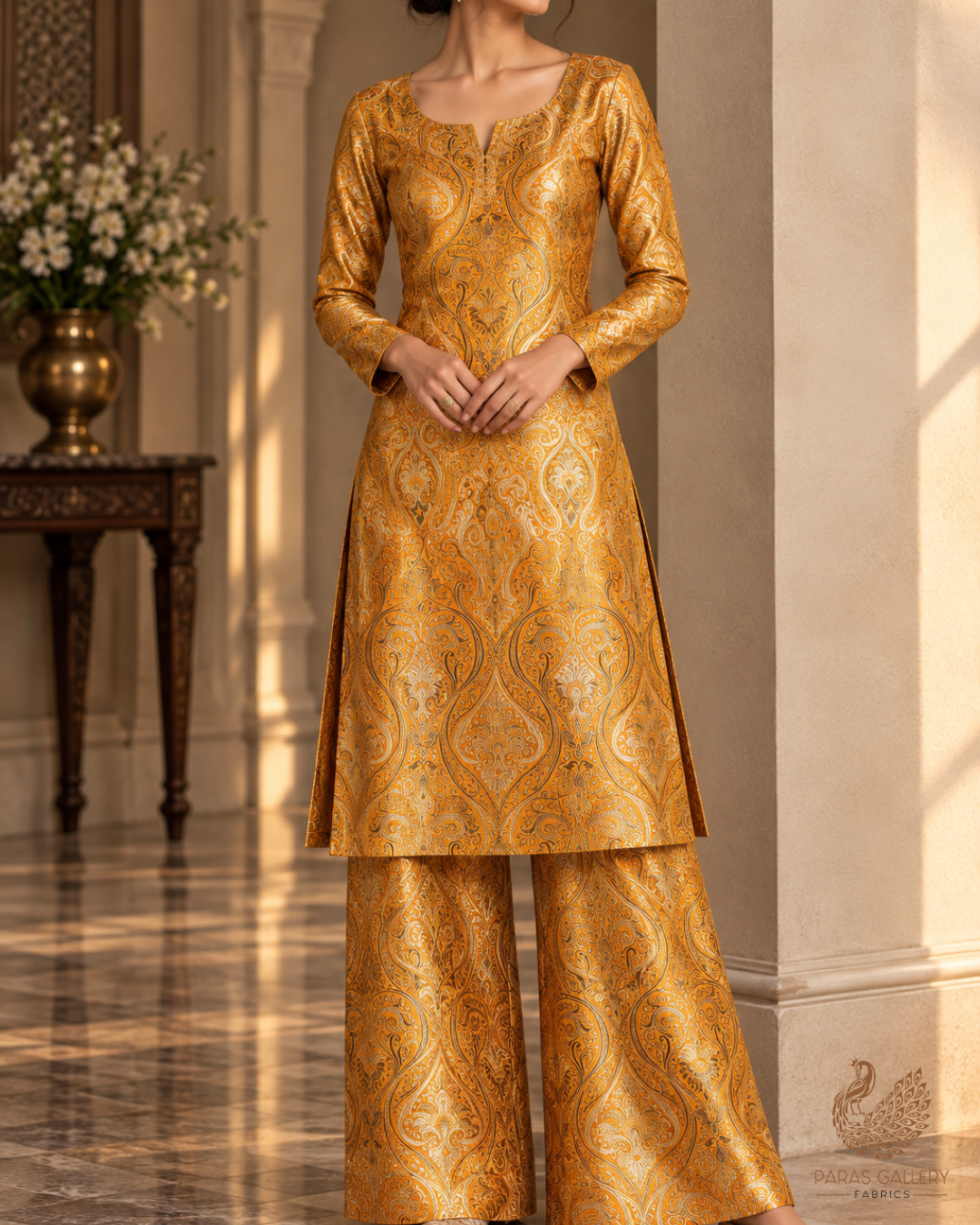 Yellow Banarasi Brocade Fabric With All Over Thread And Golden Zari Handloom 23876