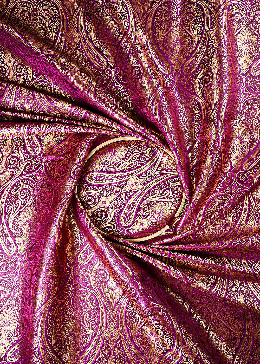 Purple Banarasi Brocade Fabric With All Over Thread And Golden Zari Handloom 23878