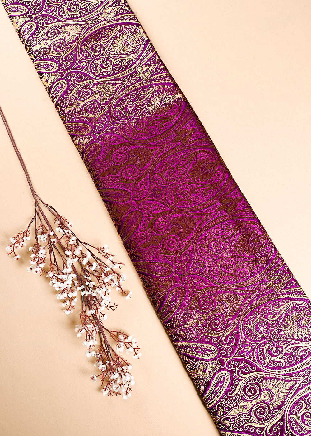 Purple Banarasi Brocade Fabric With All Over Thread And Golden Zari Handloom 23878