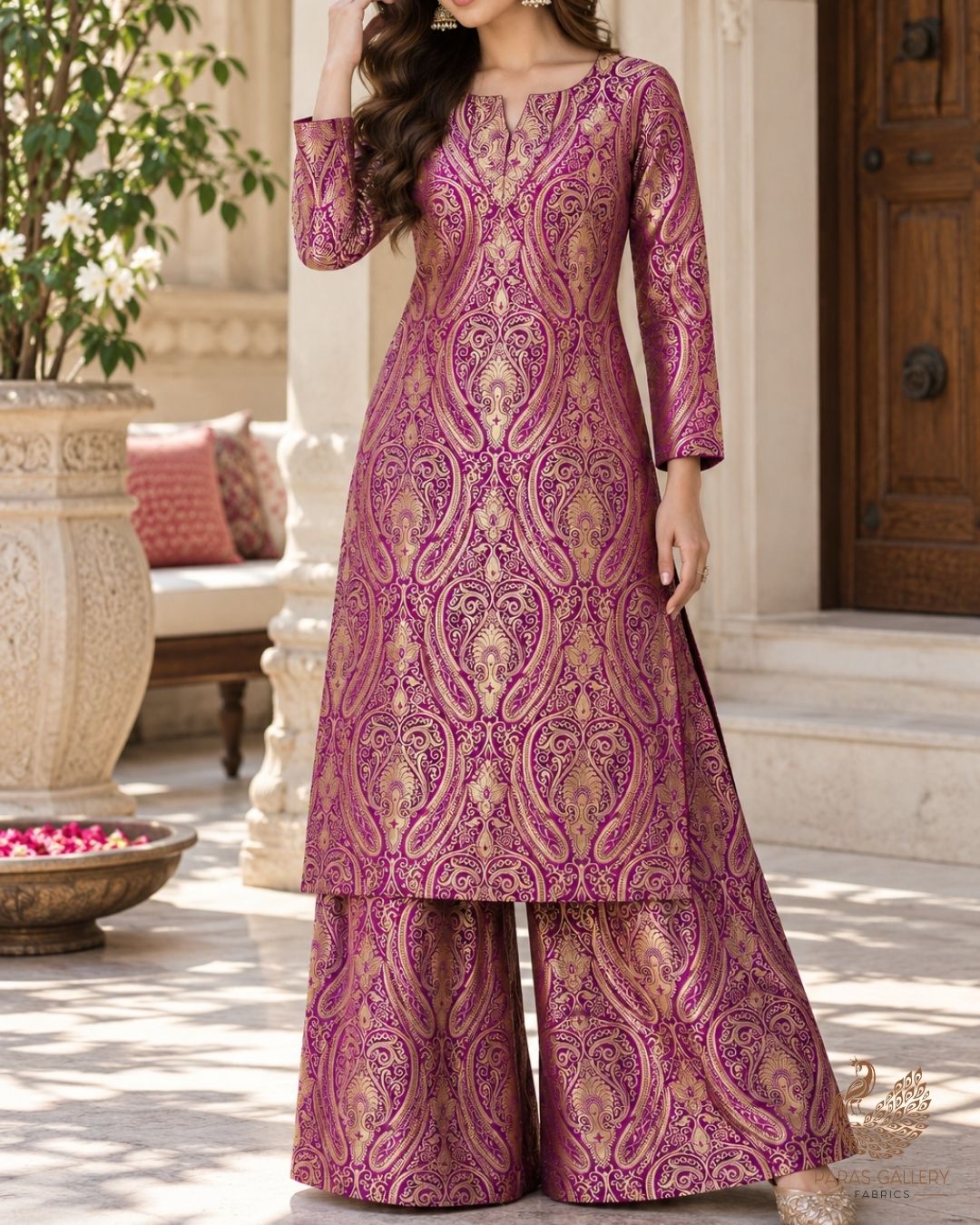 Purple Banarasi Brocade Fabric With All Over Thread And Golden Zari Handloom 23878