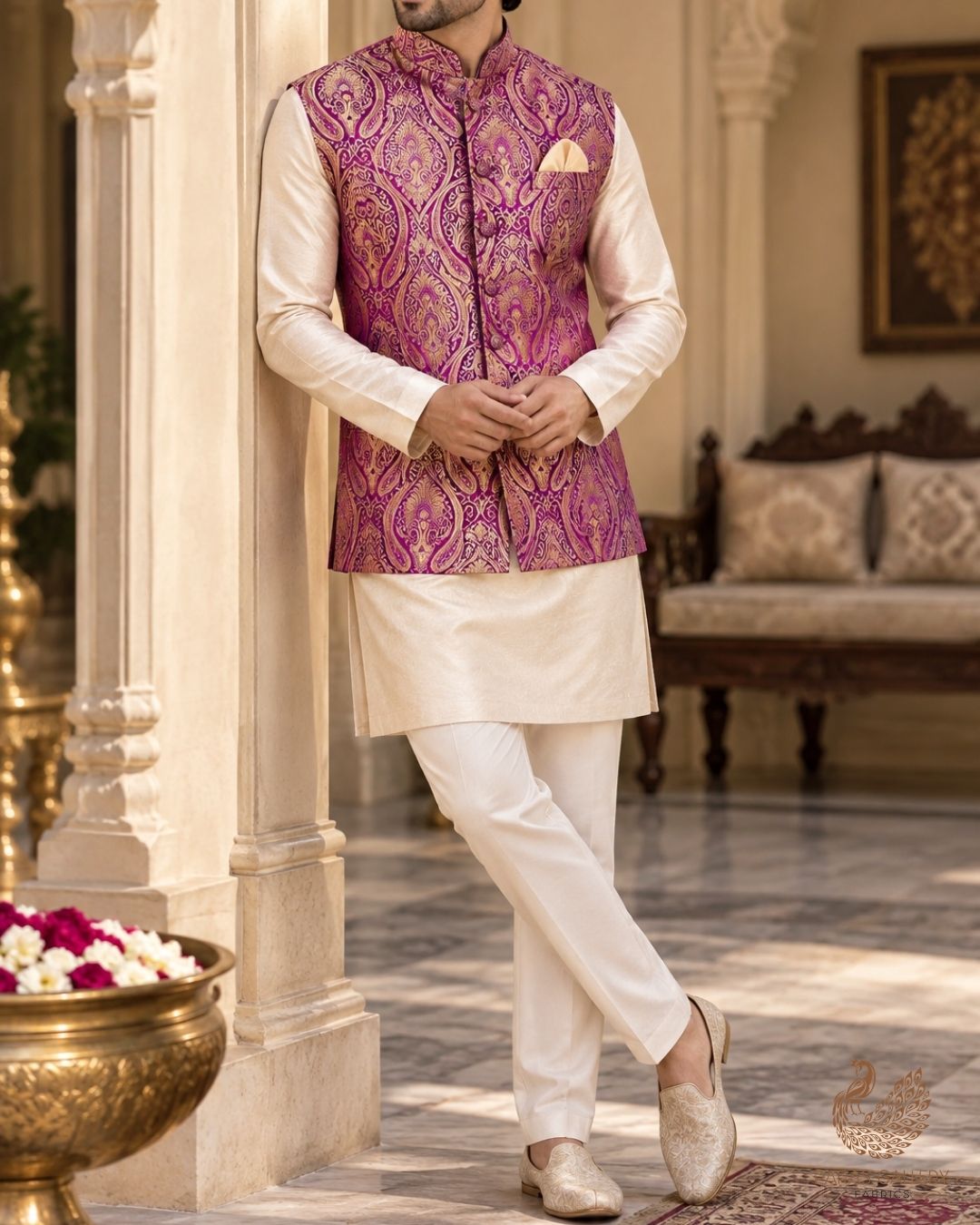 Purple Banarasi Brocade Fabric With All Over Thread And Golden Zari Handloom 23878