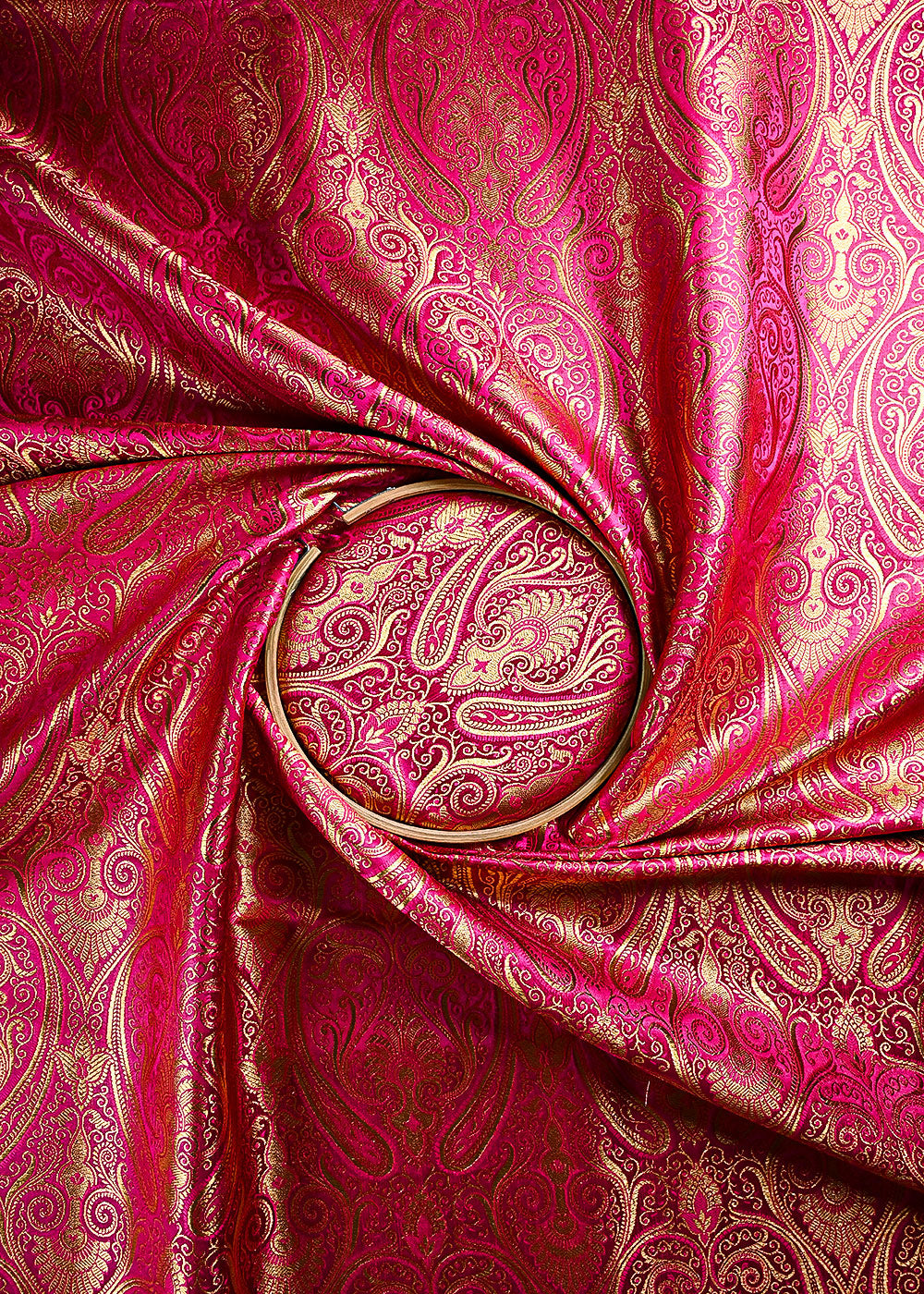 Rani Piink Banarasi Brocade Fabric With All Over Thread And Golden Zari Handloom 23879