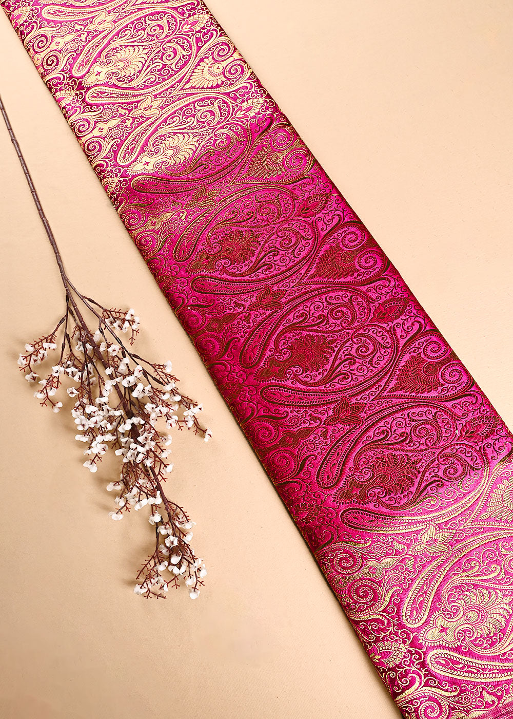 Rani Piink Banarasi Brocade Fabric With All Over Thread And Golden Zari Handloom 23879