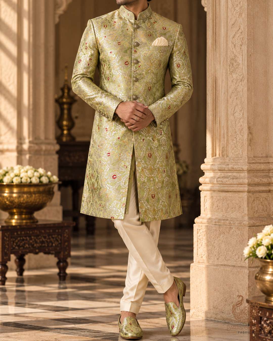Pista Green Banarasi Brocade Fabric With All Over Thread And Zari Handloom 23881