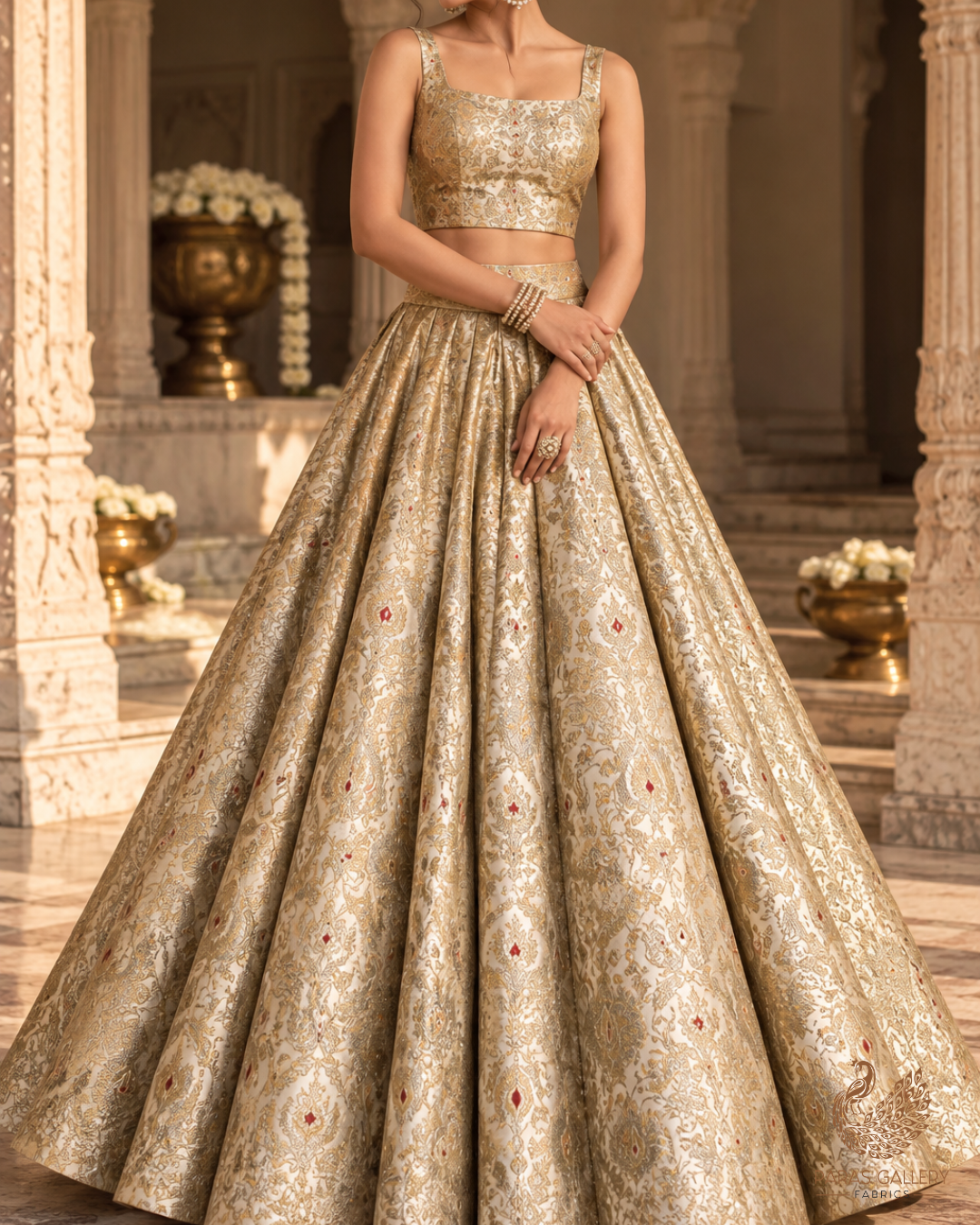 Off White Banarasi Brocade Fabric With All Over Thread And Zari Handloom 23882