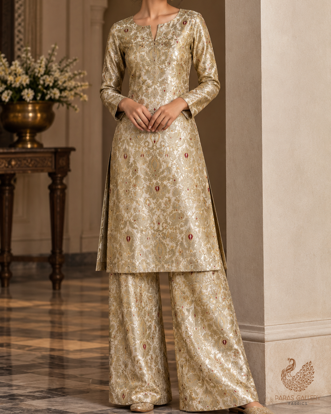 Off White Banarasi Brocade Fabric With All Over Thread And Zari Handloom 23882