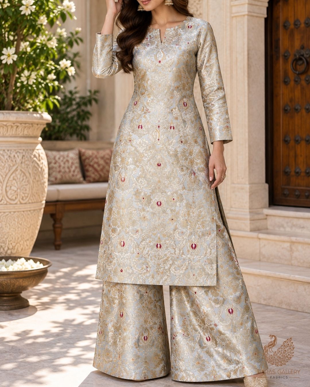Ice Blue Banarasi Brocade Fabric With All Over Thread And Zari Handloom 23883