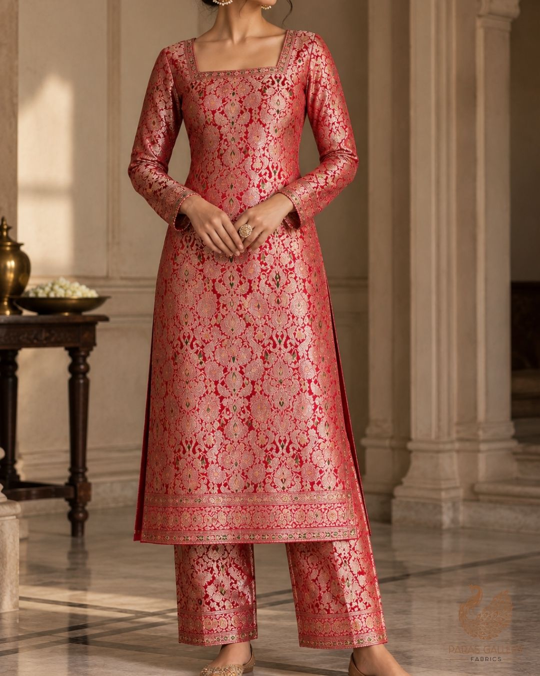 Maroon Banarasi Brocade Fabric With All Over Thread And Zari Handloom 23888