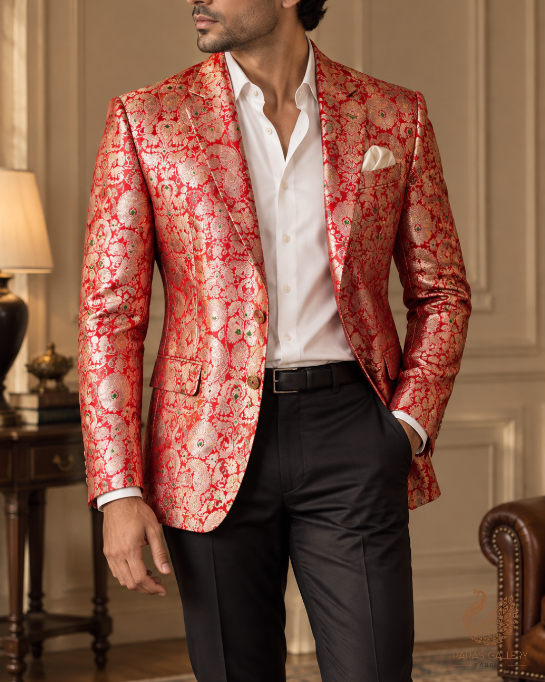 Red Banarasi Brocade Fabric With All Over Thread And Zari Handloom 23890