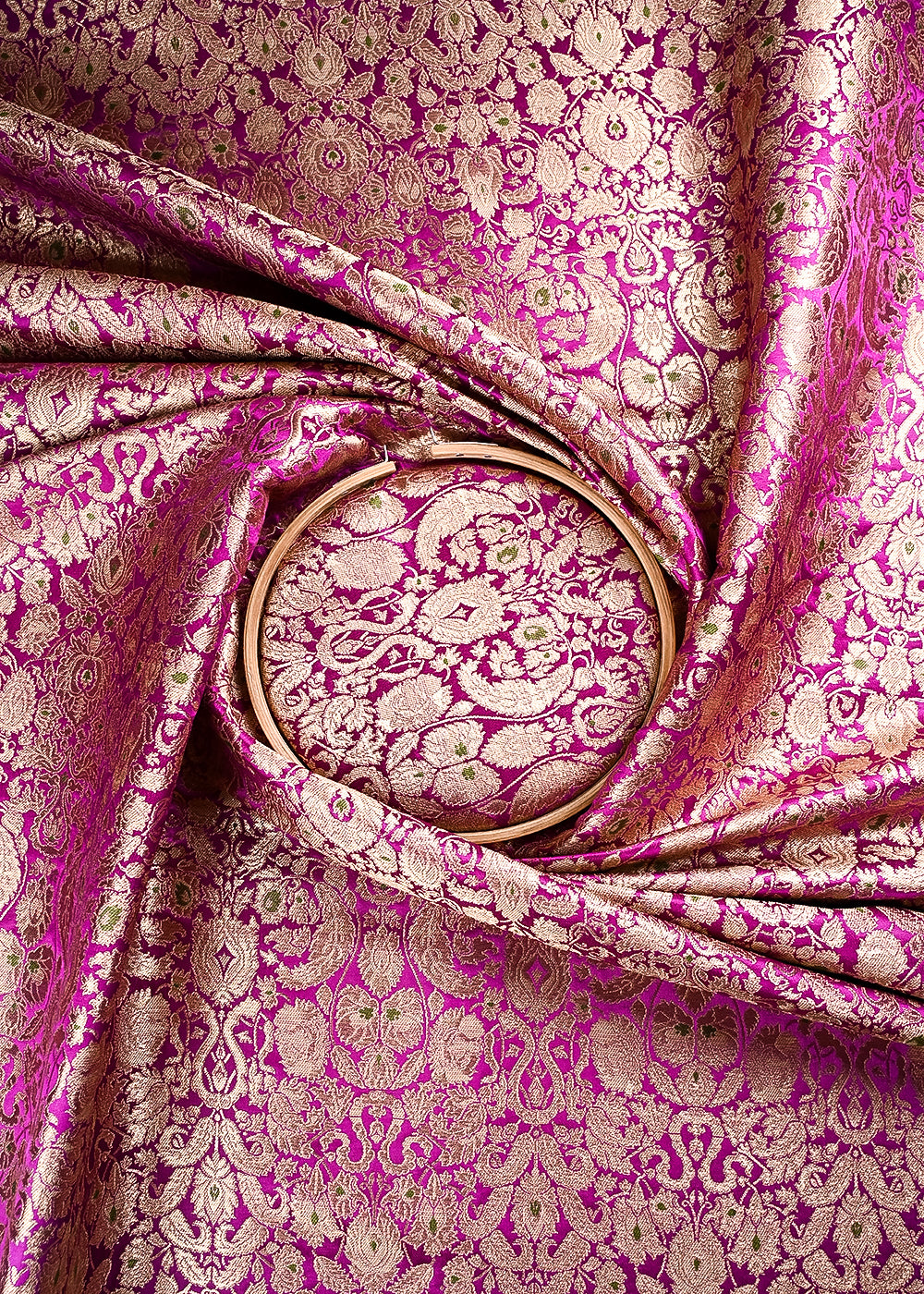 Purple Banarasi Brocade Fabric With All Over Thread And Zari Handloom 23891
