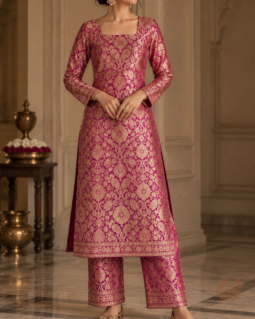 Purple Banarasi Brocade Fabric With All Over Thread And Zari Handloom 23891