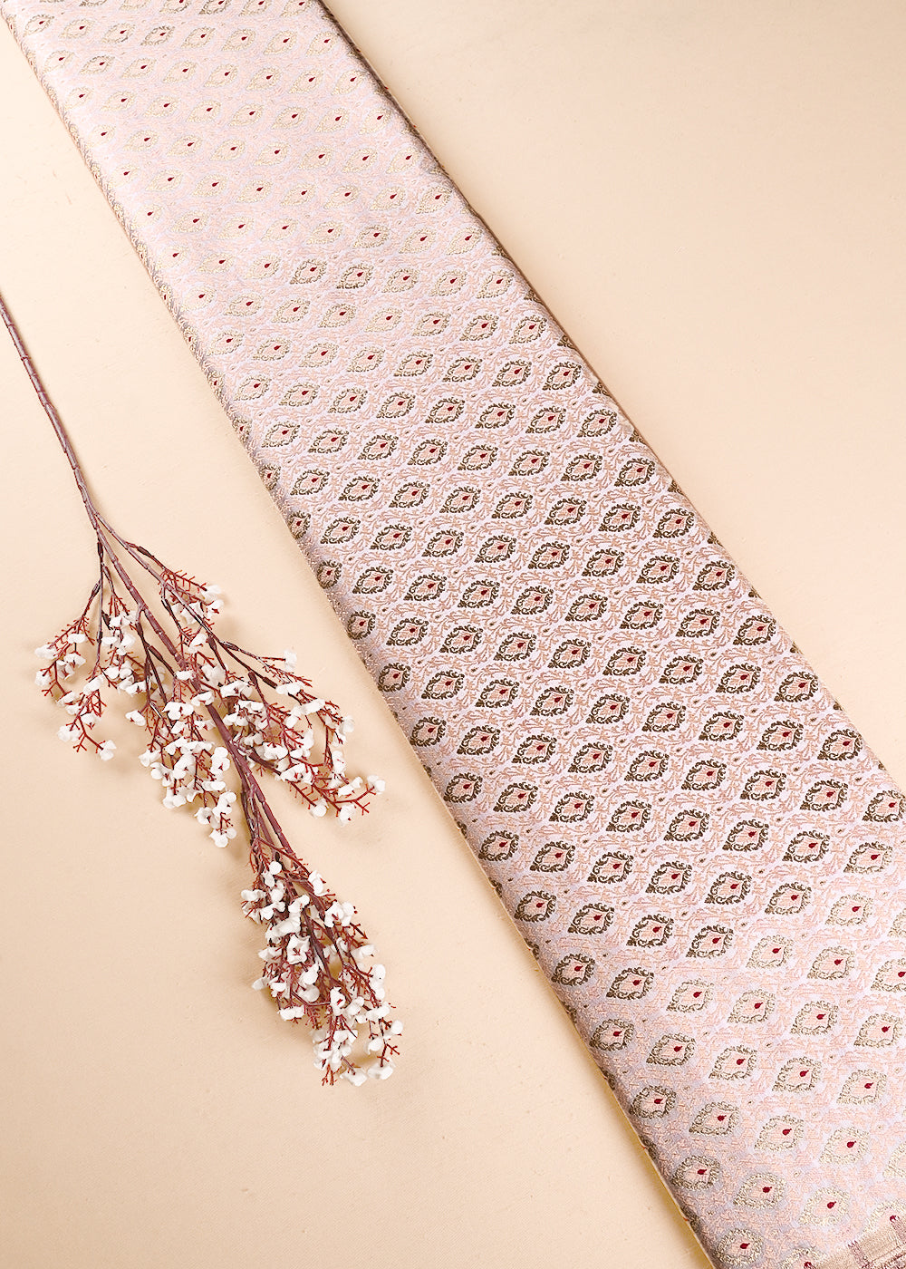 Peach Banarasi Brocade Fabric With All Over Thread And Zari Handloom 23893
