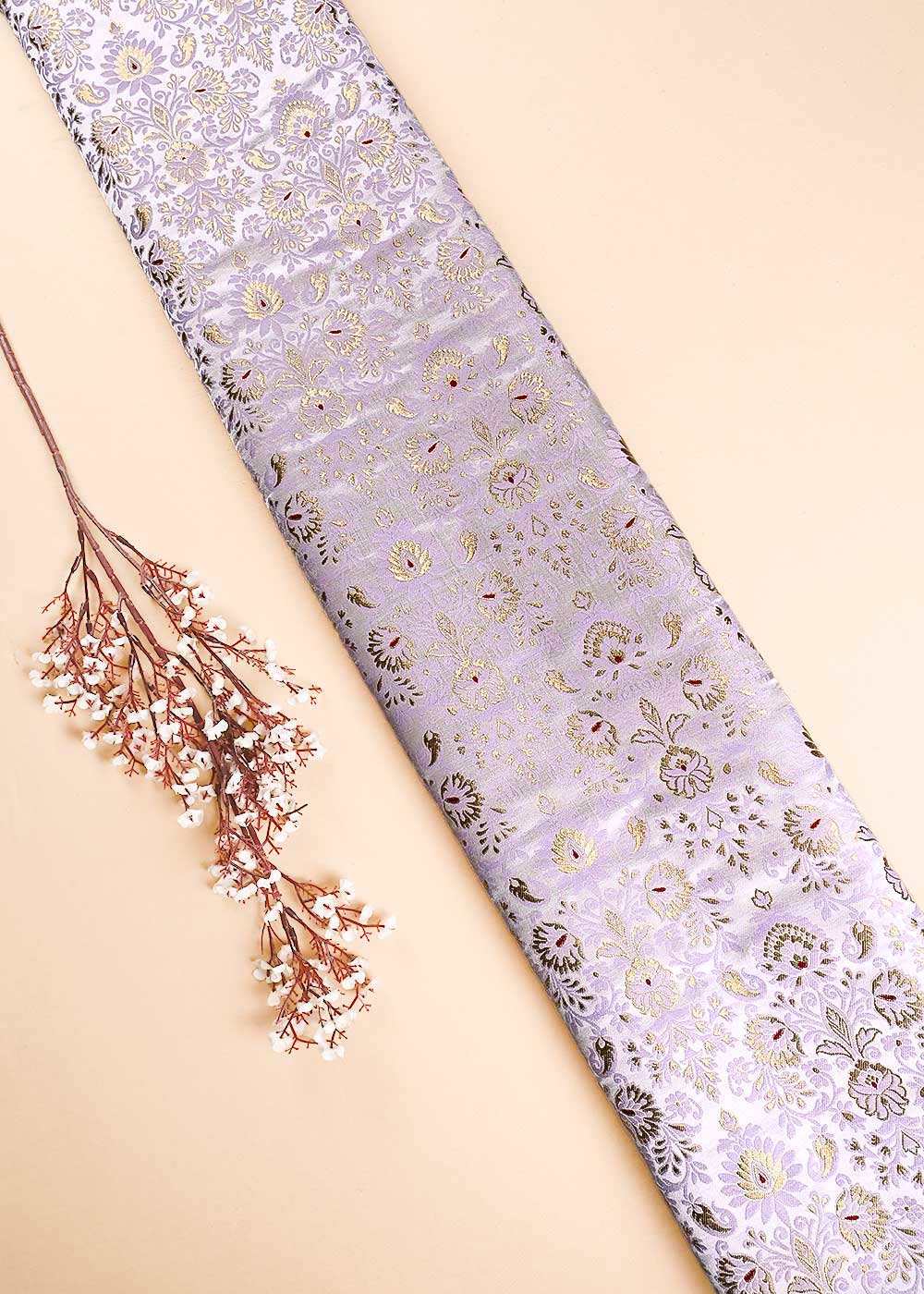 Lavender Banarasi Brocade Fabric With All Over Thread And Zari Handloom 23895