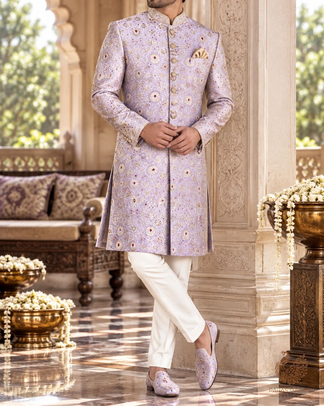 Lavender Banarasi Brocade Fabric With All Over Thread And Zari Handloom 23897