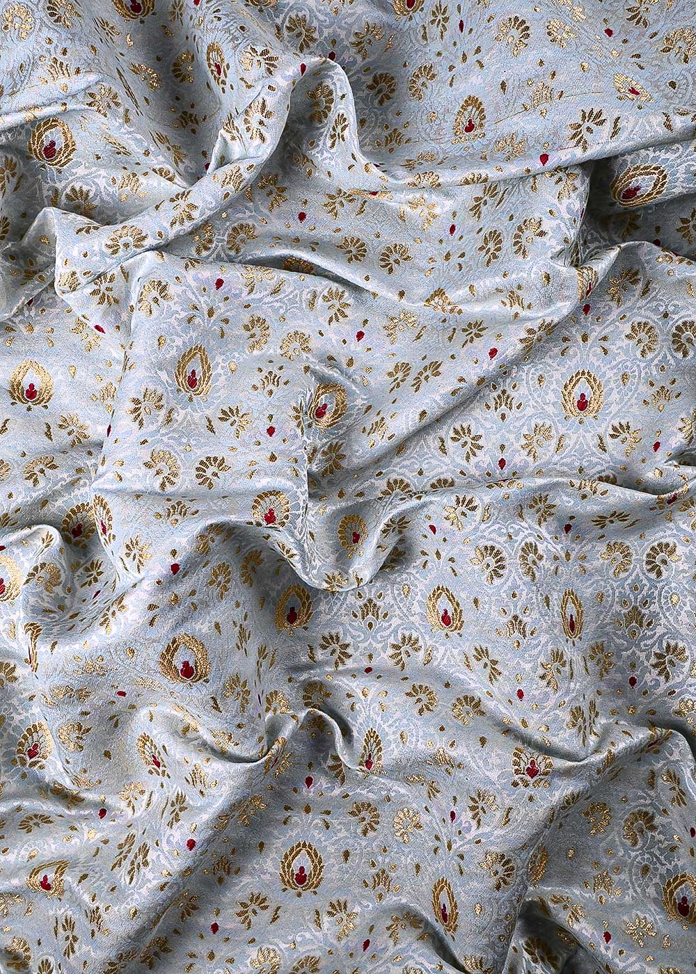 Powder Blue Banarasi Brocade Fabric With All Over Thread And Zari Handloom 23898