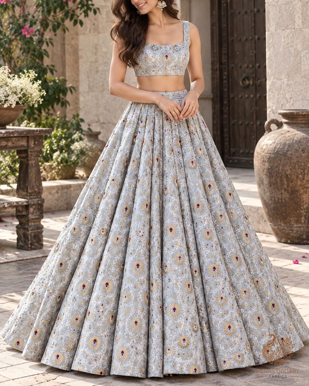 Powder Blue Banarasi Brocade Fabric With All Over Thread And Zari Handloom 23898