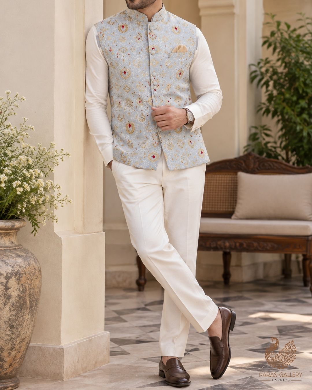 Powder Blue Banarasi Brocade Fabric With All Over Thread And Zari Handloom 23898
