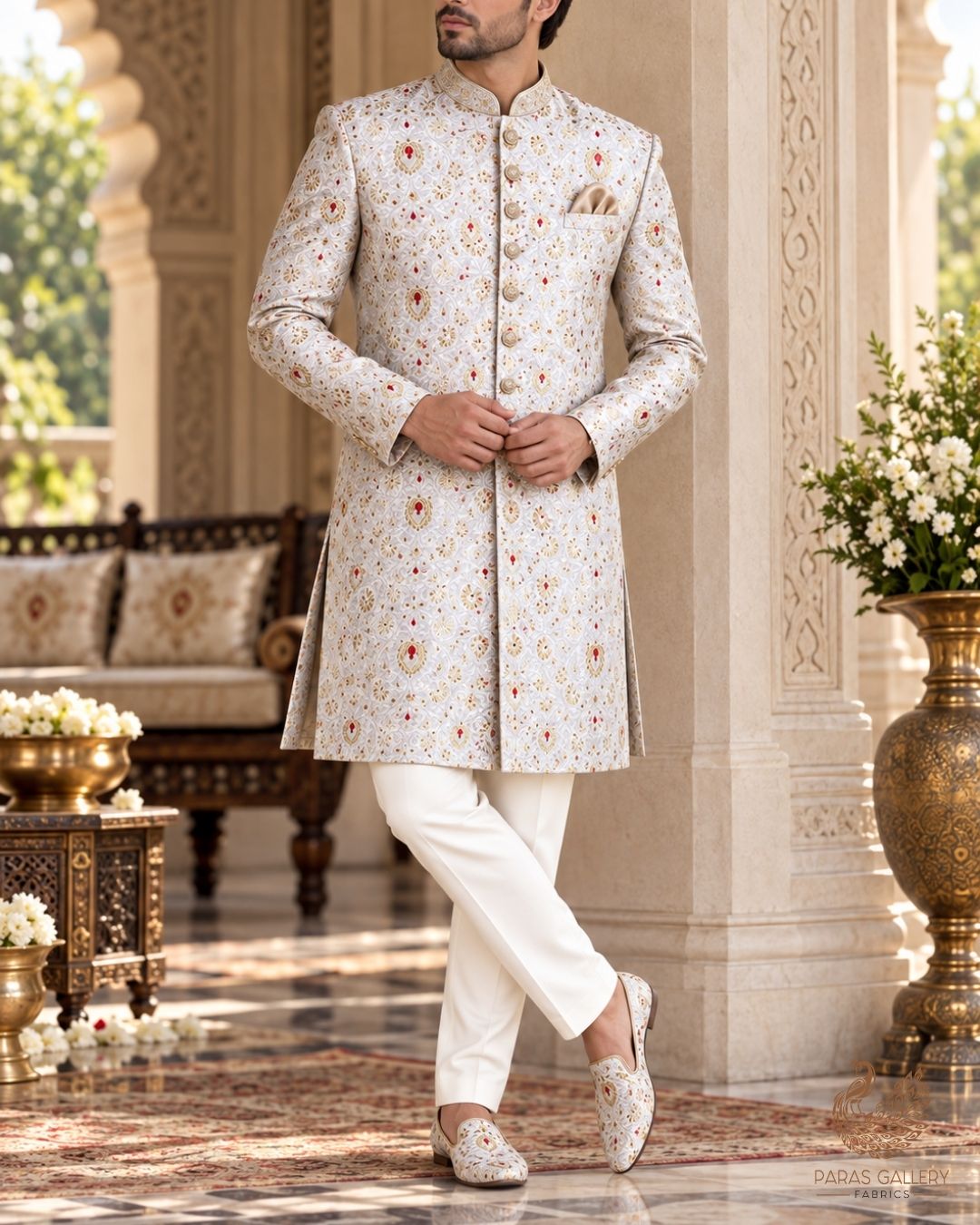 Grey Banarasi Brocade Fabric With All Over Thread And Zari Handloom 23900