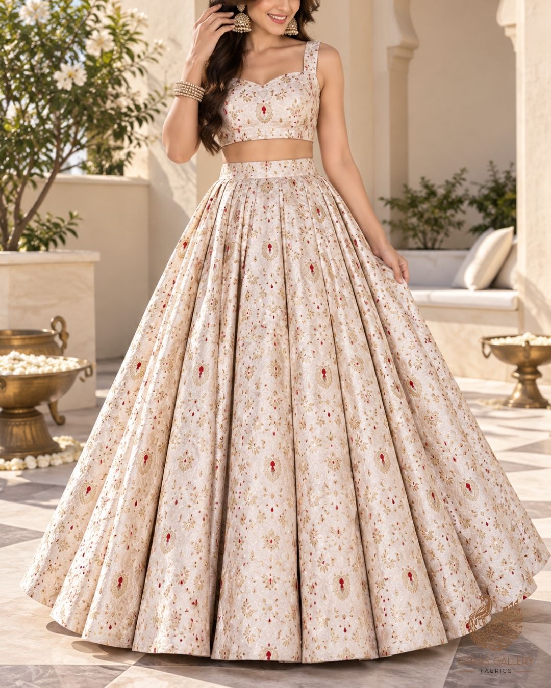 Off White Banarasi Brocade Fabric With All Over Thread And Zari Handloom 23902