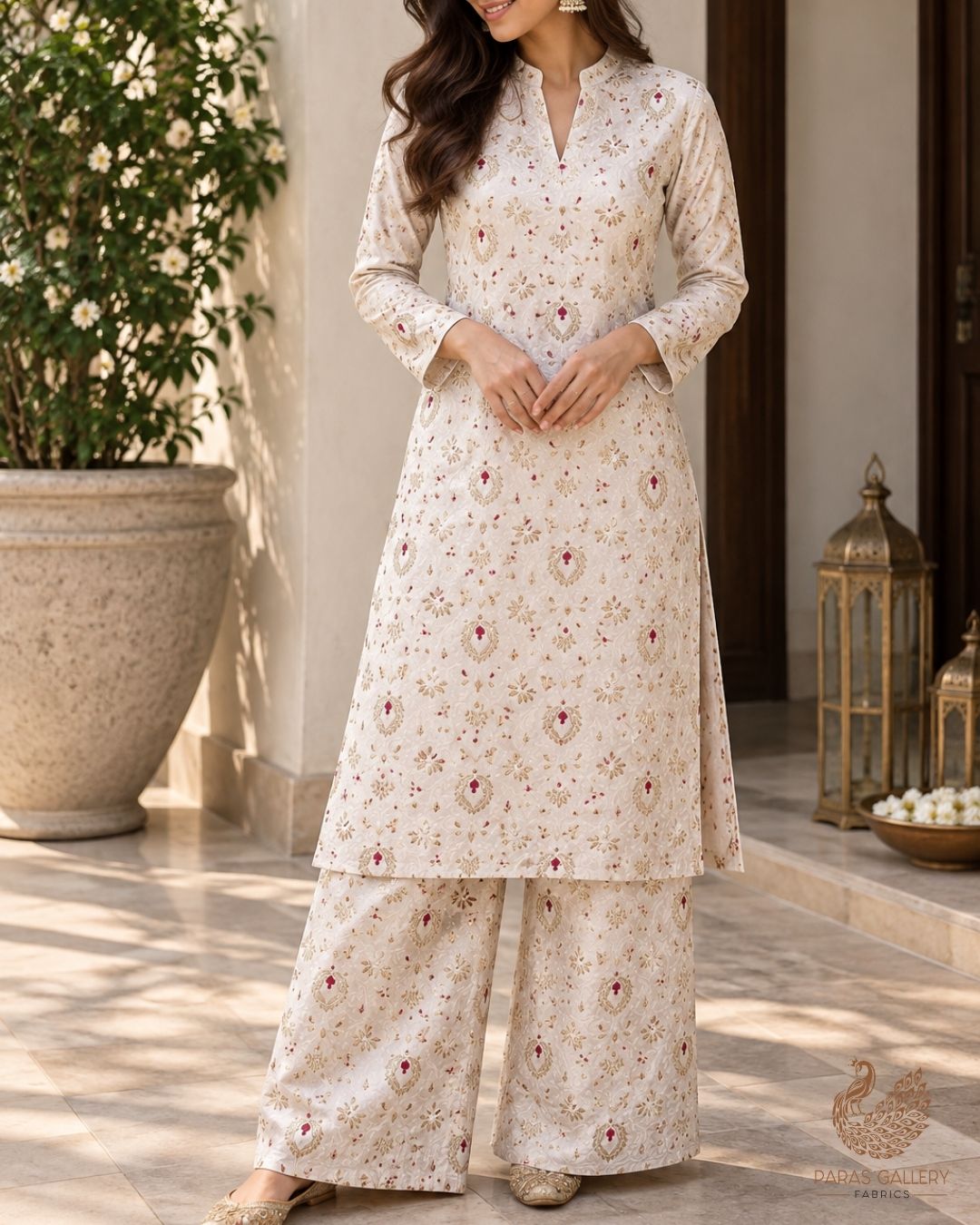Off White Banarasi Brocade Fabric With All Over Thread And Zari Handloom 23902