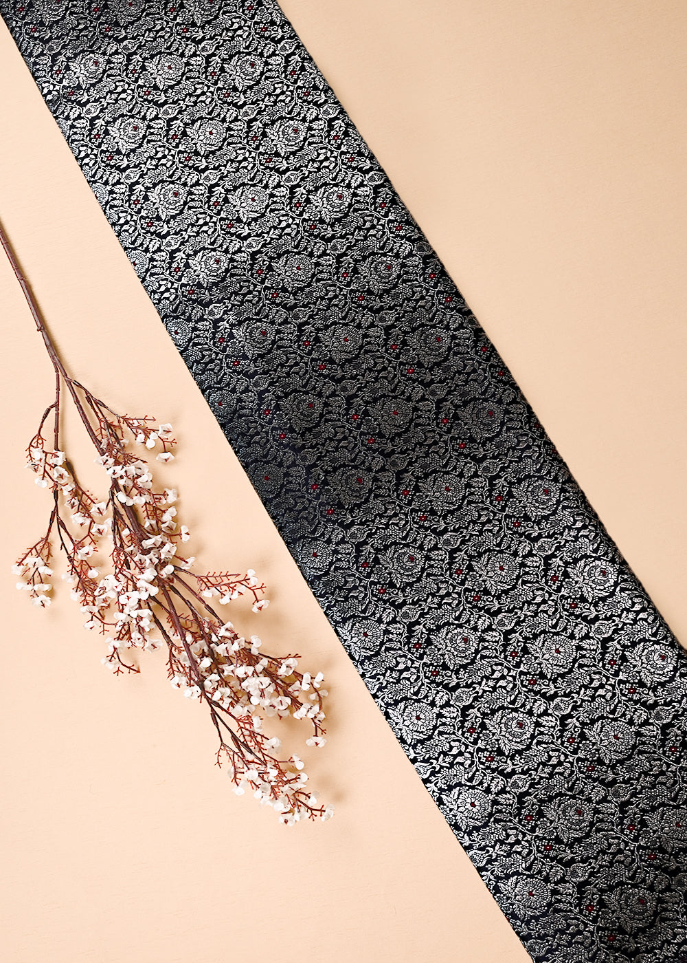 Black Banarasi Brocade Fabric With All Over Thread And Zari Handloom 23903