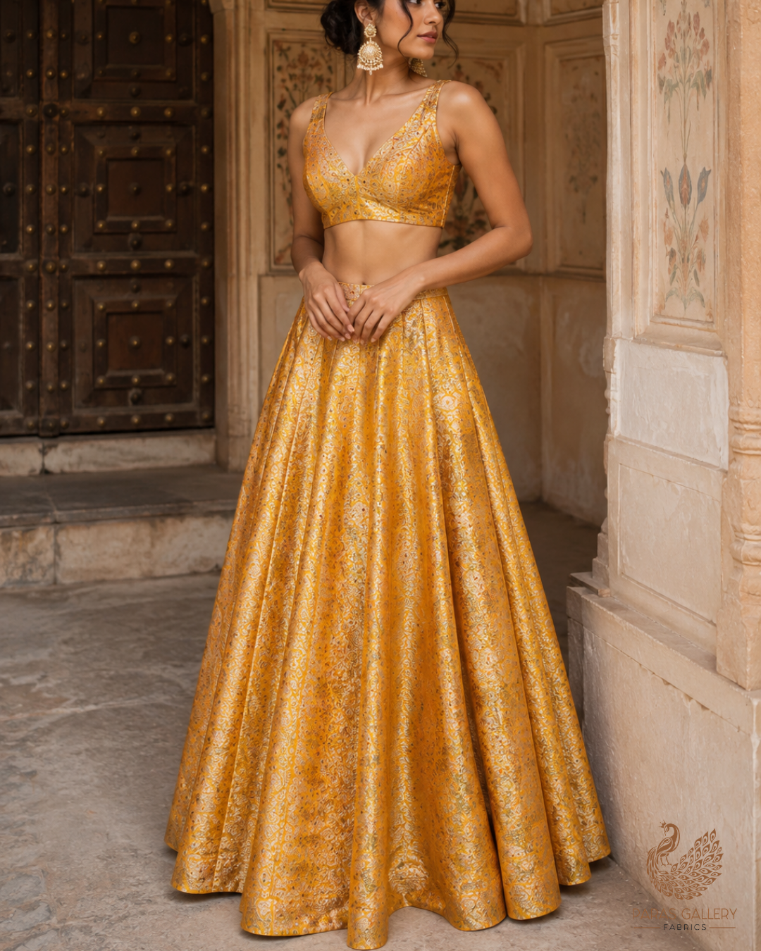 Mustard Banarasi Brocade Fabric With All Over Thread And Zari Handloom 23905