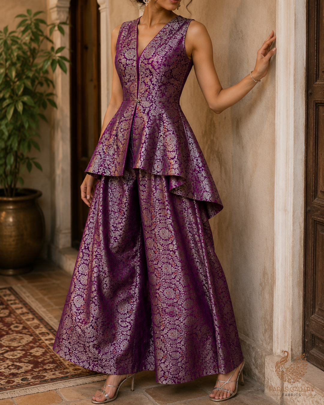 Purple Banarasi Brocade Fabric With All Over Thread And Zari Handloom 23906