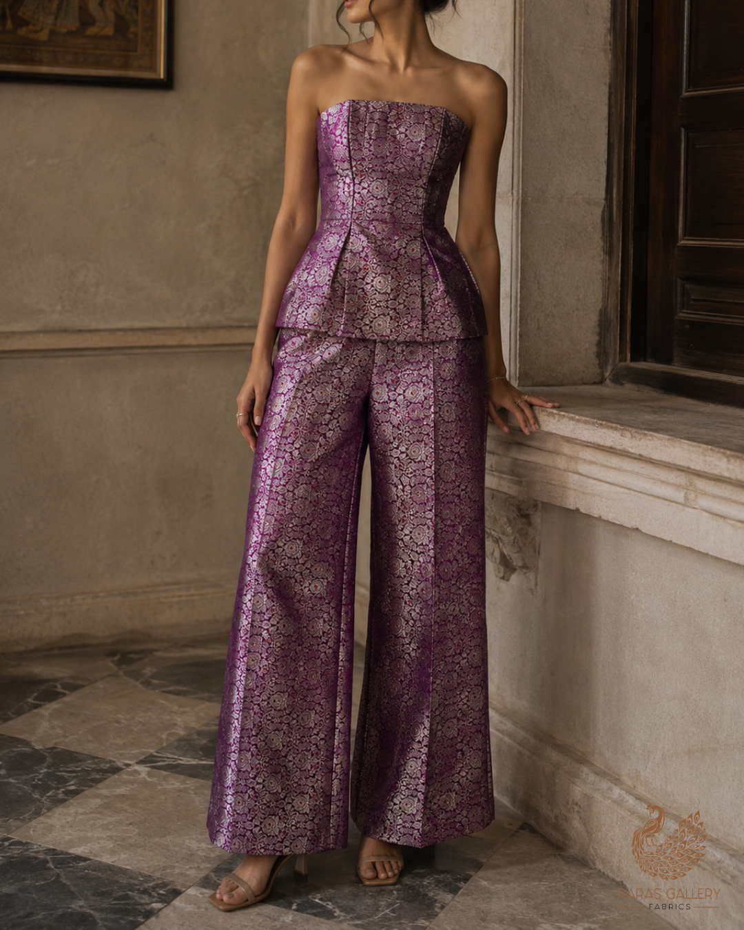 Purple Banarasi Brocade Fabric With All Over Thread And Zari Handloom 23906