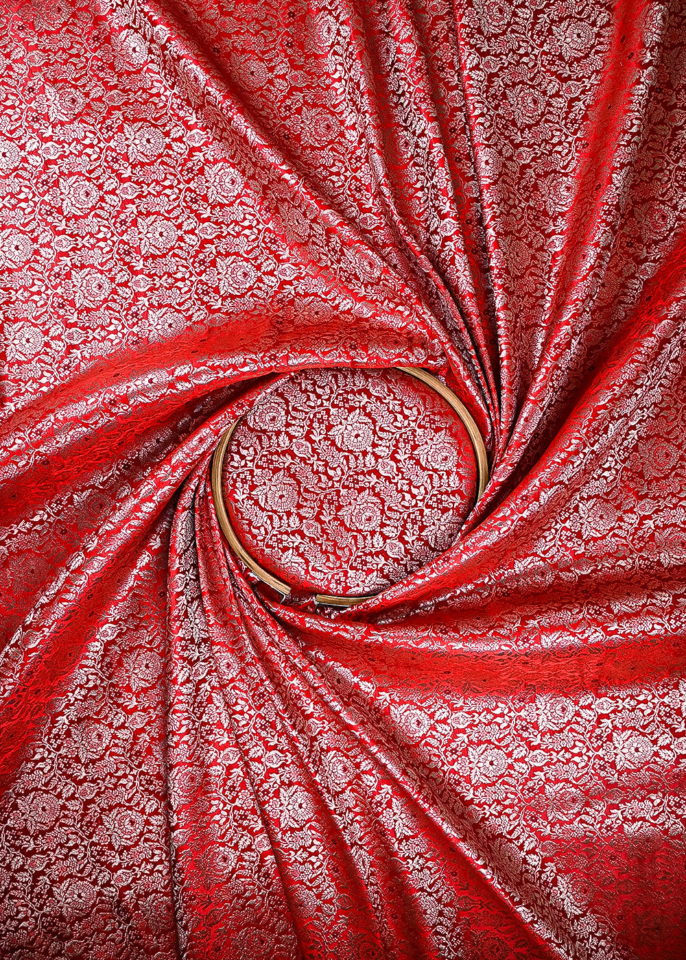 Red Banarasi Brocade Fabric With All Over Thread And Zari Handloom 23907