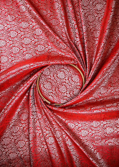 Red Banarasi Brocade Fabric With All Over Thread And Zari Handloom 23907