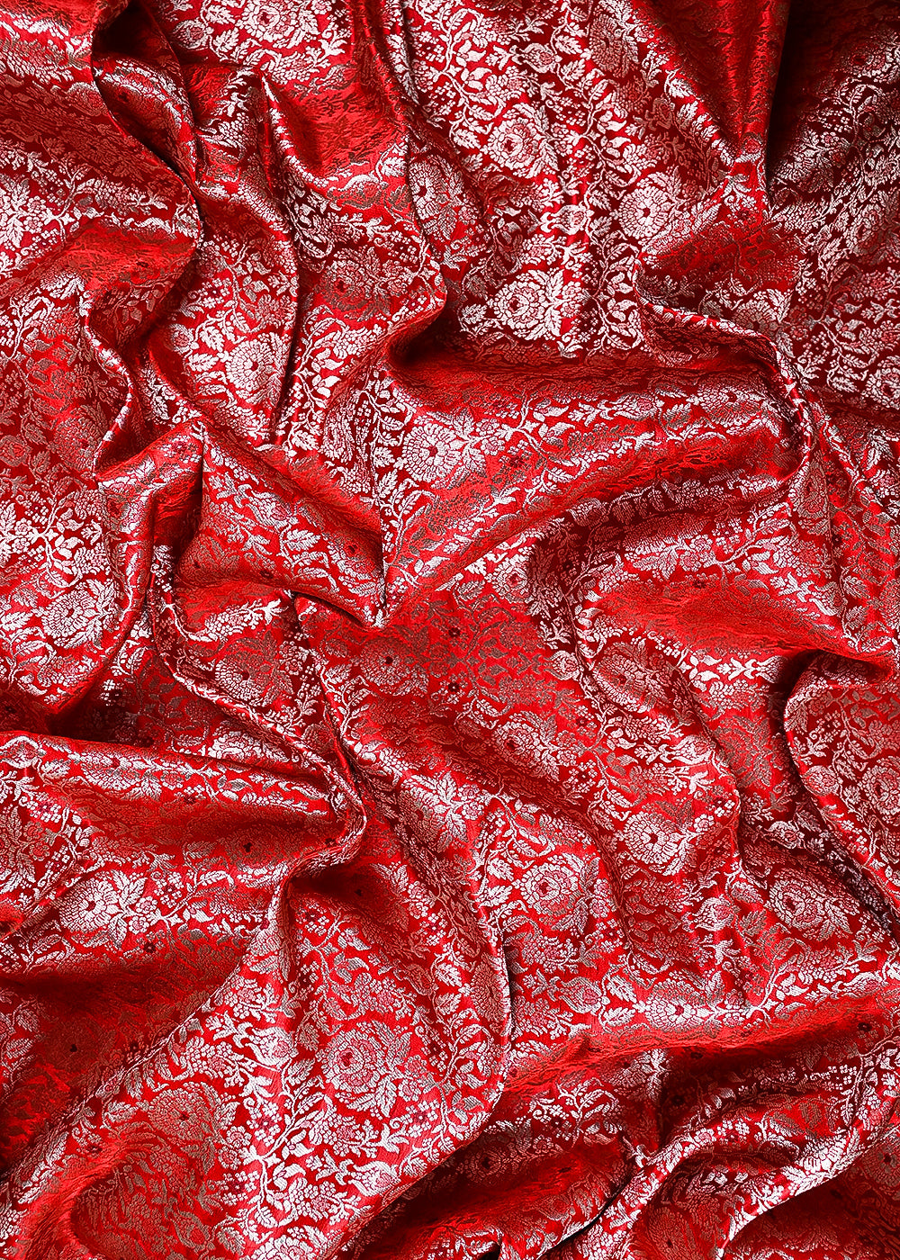 Red Banarasi Brocade Fabric With All Over Thread And Zari Handloom 23907