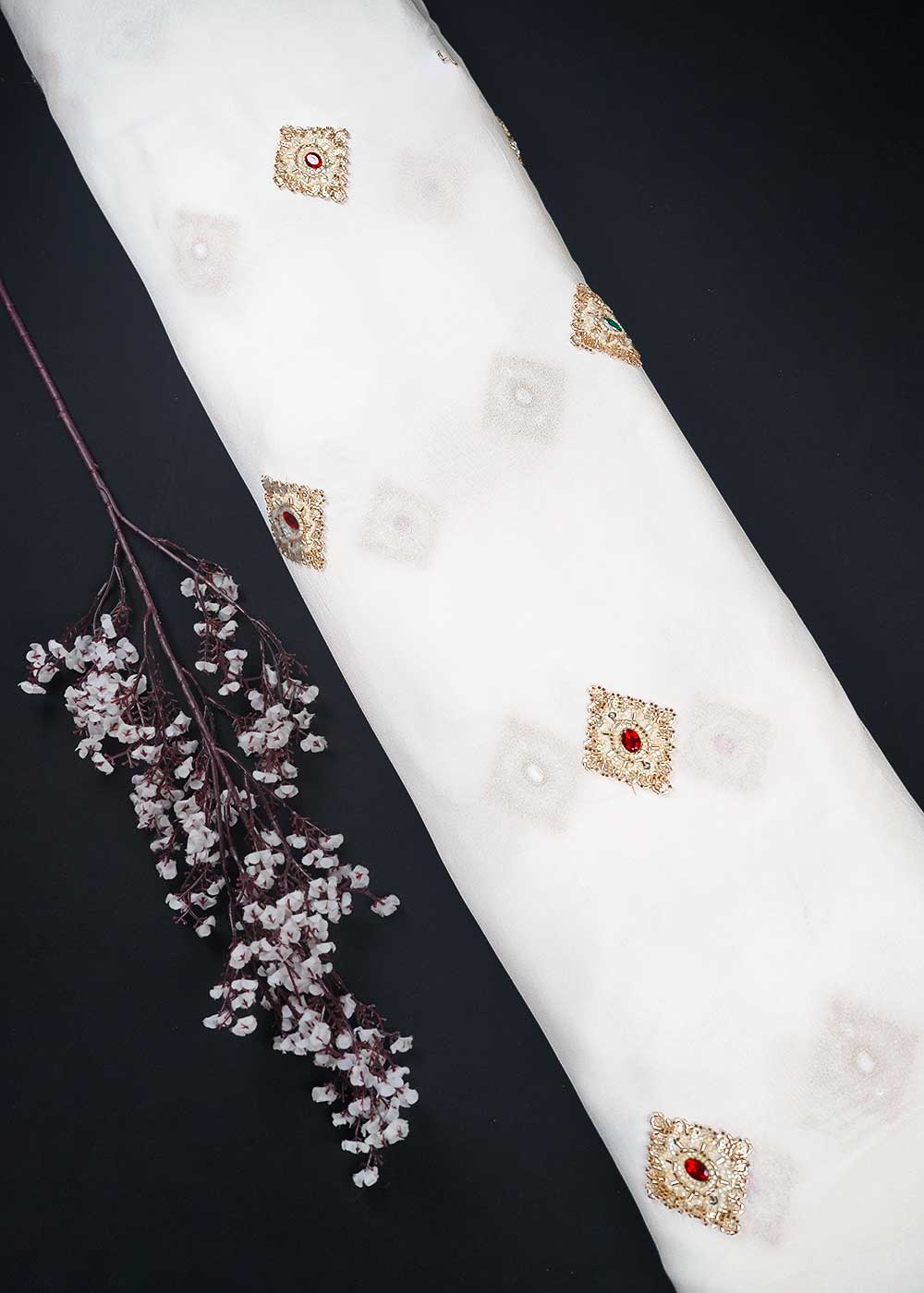 White Dyeable Georgette Fabric With All Over Buti Of Sequins, Katdana And Stone Work 23912