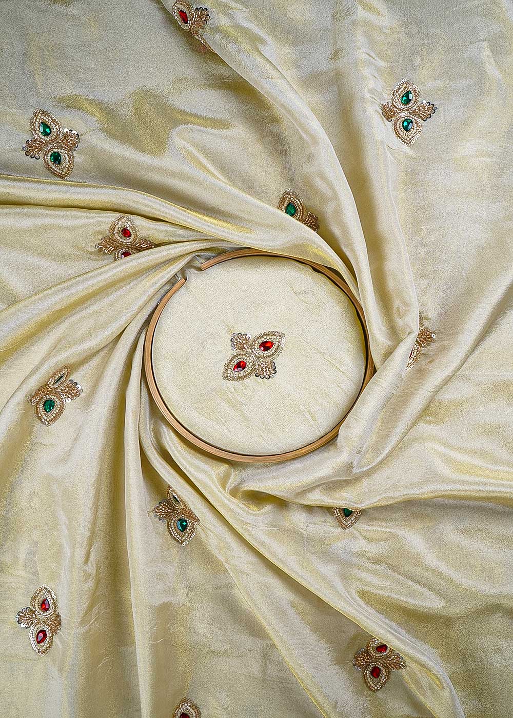 Golden Dyeable Tissue Fabric With All Over Buti Of Sequins, Katdana And Bead Work 23913