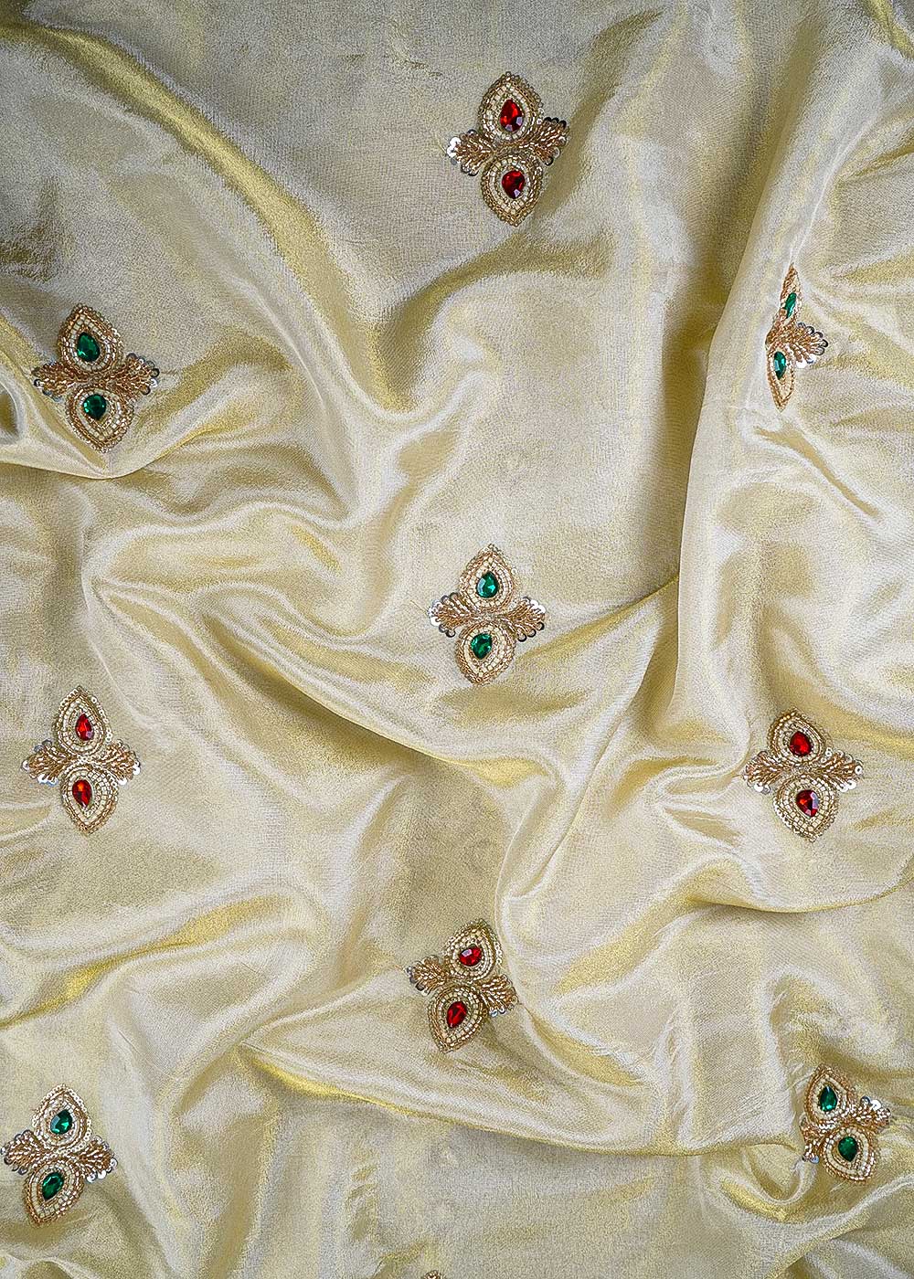 Golden Dyeable Tissue Fabric With All Over Buti Of Sequins, Katdana And Bead Work 23913