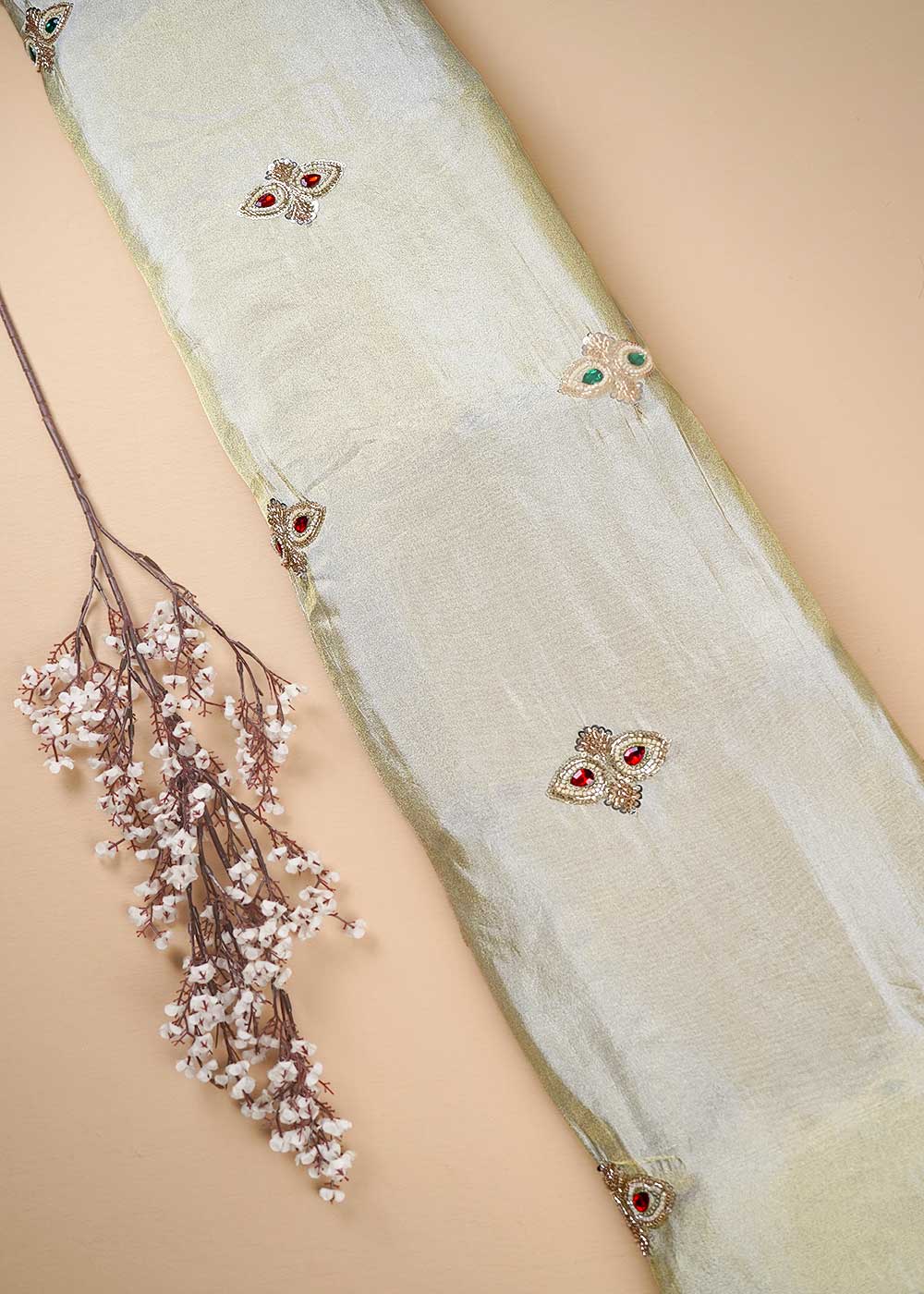 Golden Dyeable Tissue Fabric With All Over Buti Of Sequins, Katdana And Bead Work 23913