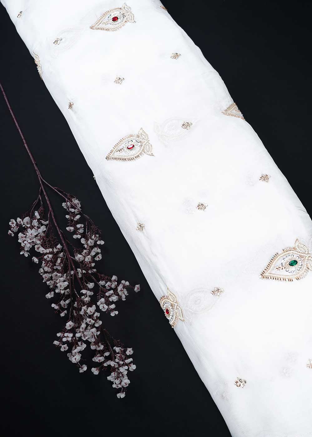 White Dyeable Organza Fabric With All Over Zari, Sequins, Katdana, Bead And Stone Work 23914