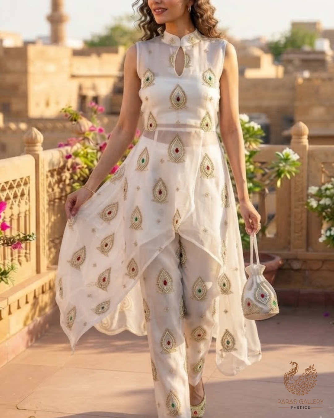 White Dyeable Organza Fabric With All Over Zari, Sequins, Katdana, Bead And Stone Work 23914
