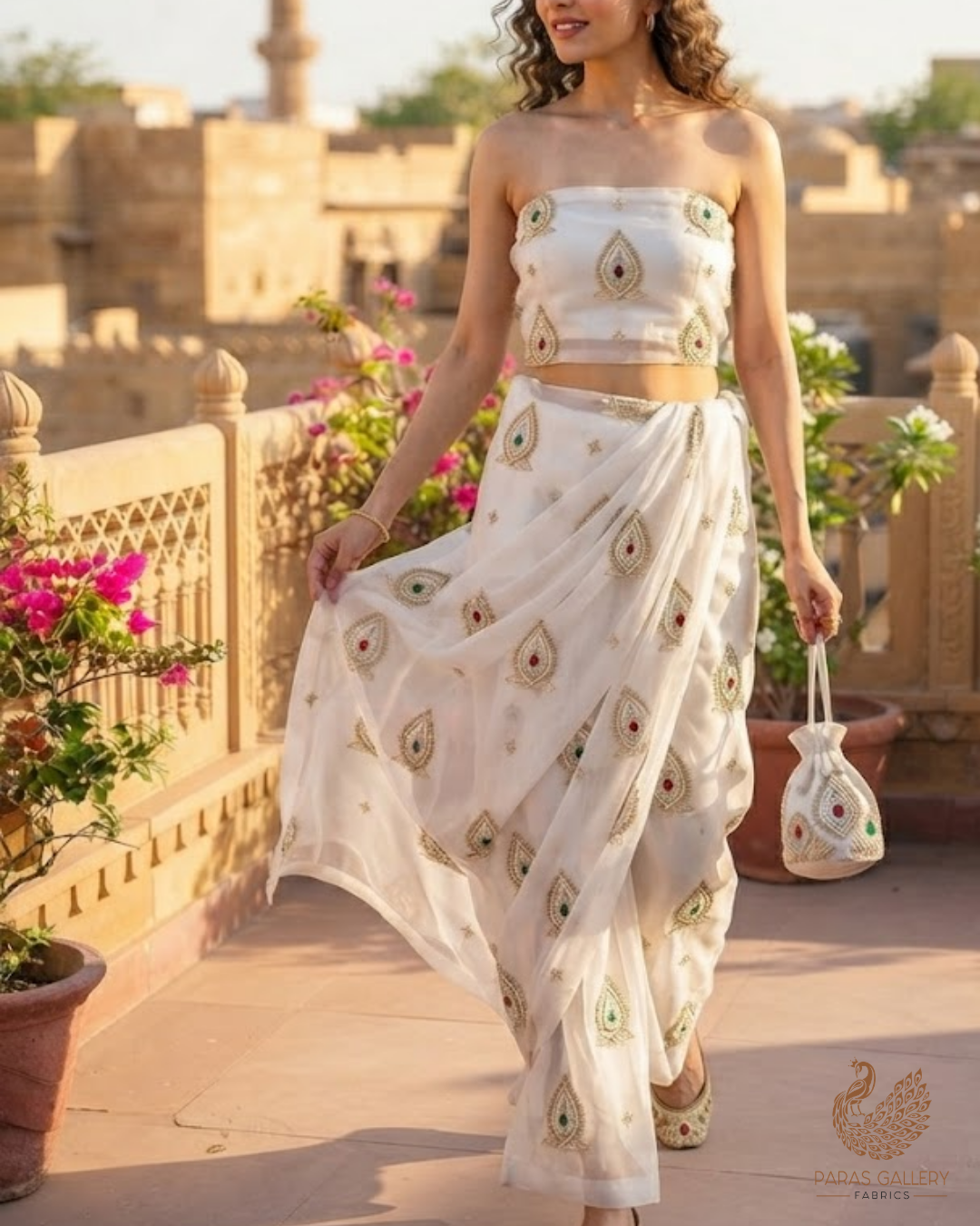 White Dyeable Organza Fabric With All Over Zari, Sequins, Katdana, Bead And Stone Work 23914